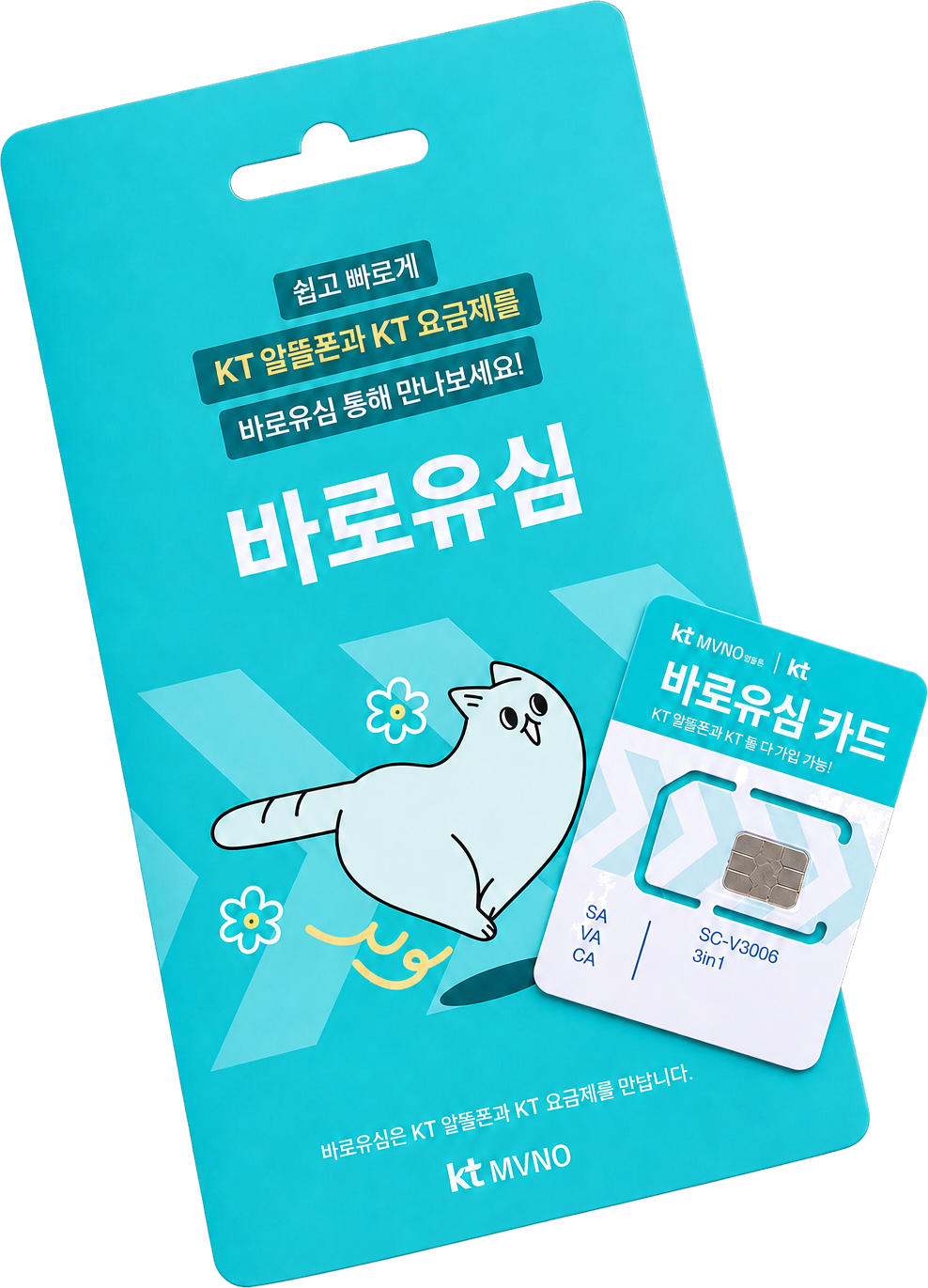 손과 주변 배경을 제거한 KT 바로유심 포장